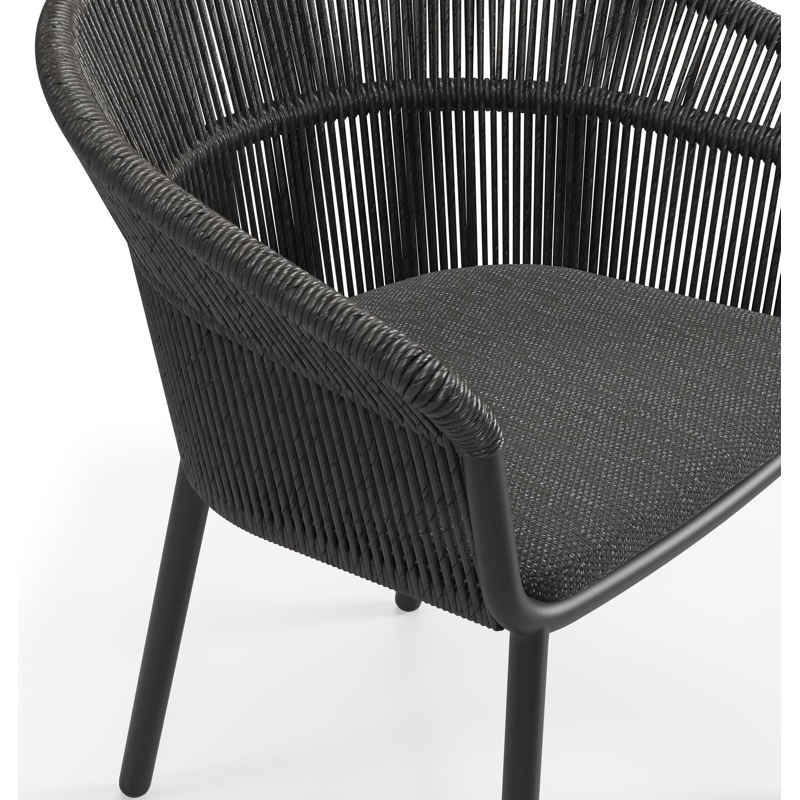 Matera stapelbare tuinstoel in zwart aluminium en zwart gedraaide ronde wicker met kussen in sky black weather+ softtouch