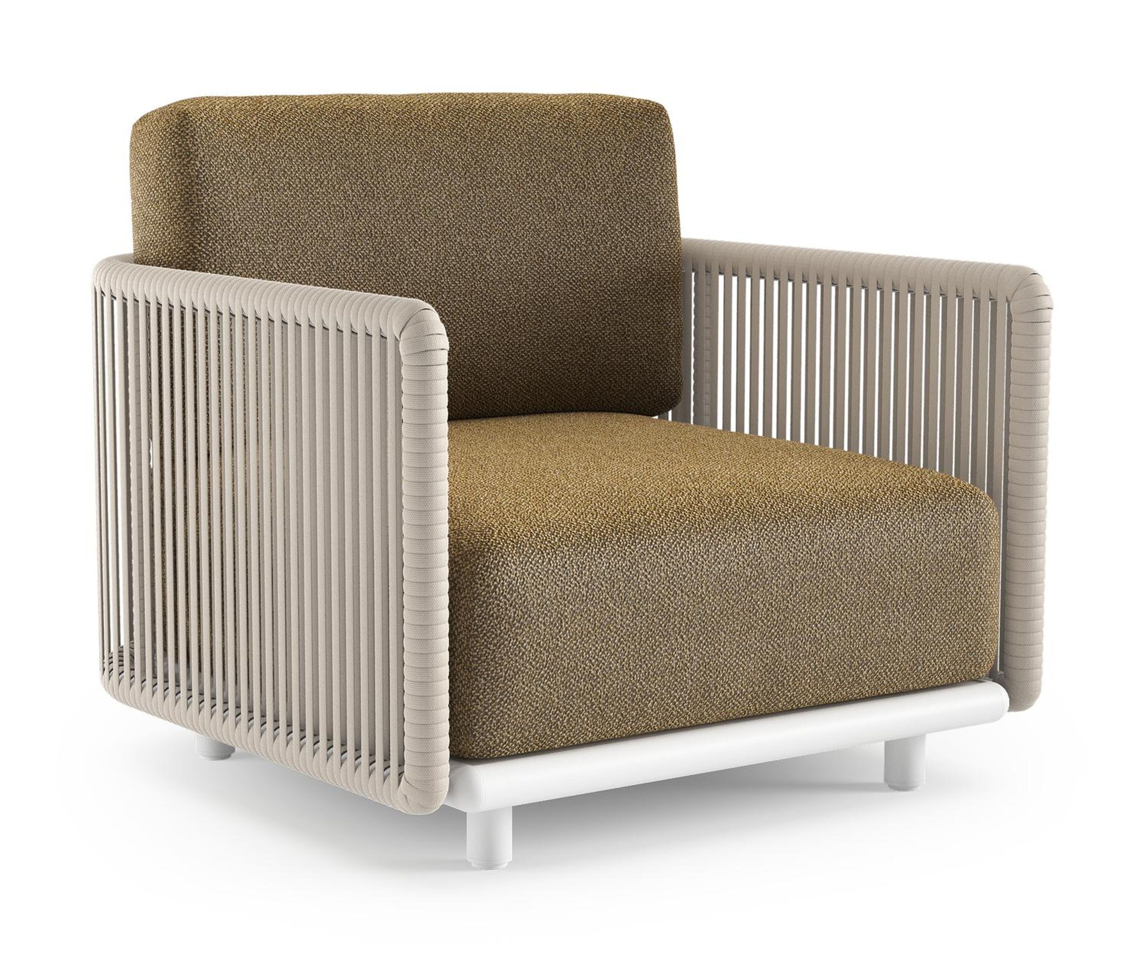 Fauteuil de jardin Organo en aluminium blanc et corde luxe plate tissée verticalement beige et coussin en all weather Cosytica madagascar walnut