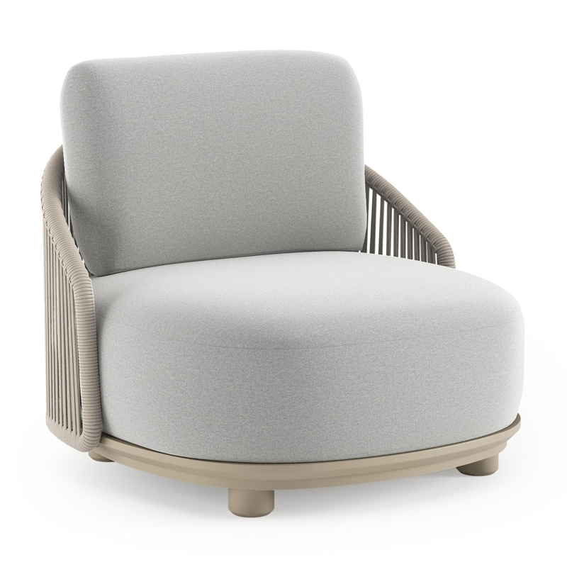 Fauteuil de jardin Vadelo en aluminium beige et corde ronde tissée verticalement beige et coussins en all weather sunbrella® luxe natte grey chine