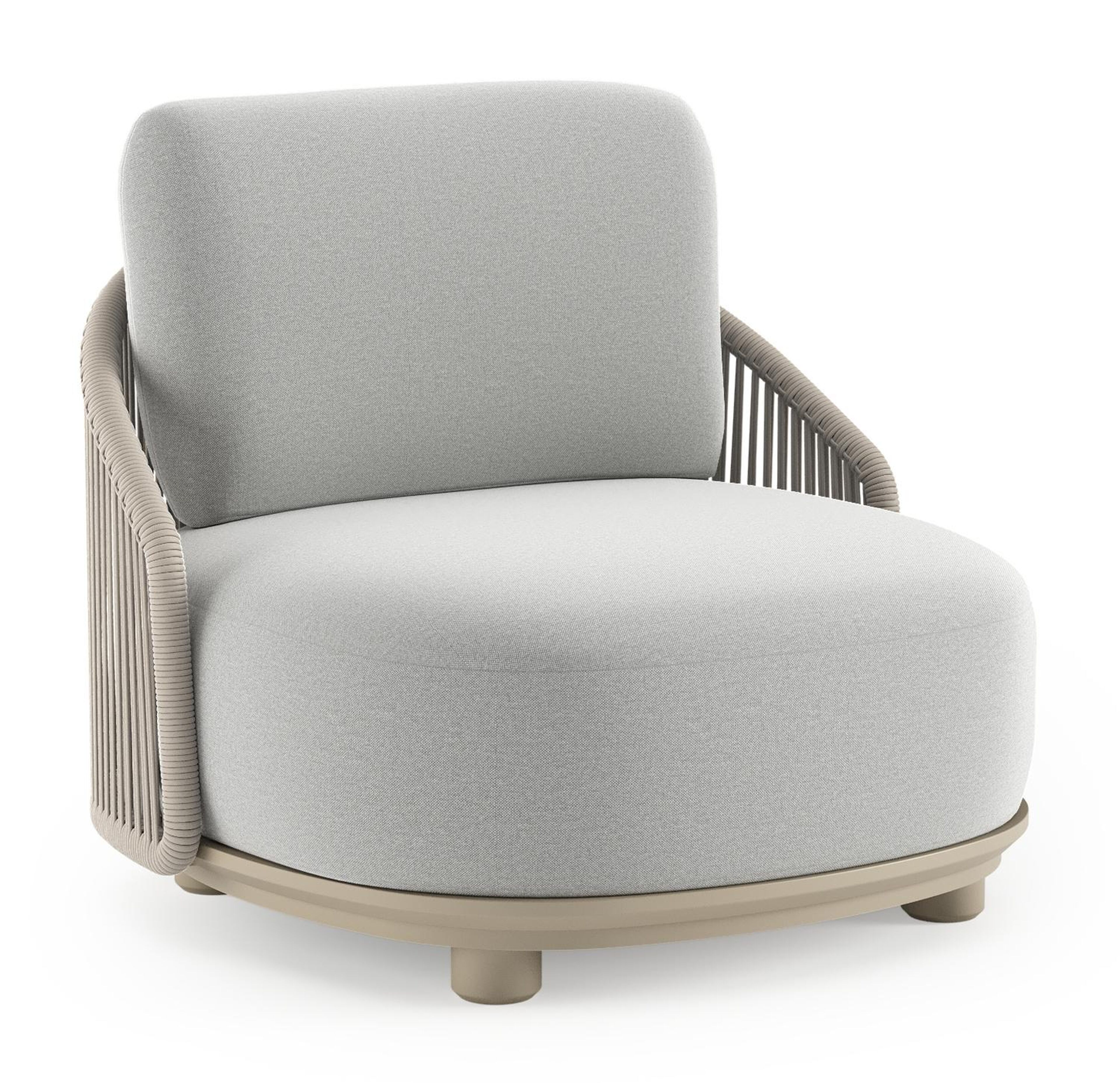 Vadelo loungestoel in beige aluminium en beige verticaal geweven ronde rope met natte grey chine all weather sunbrella® luxe kussen