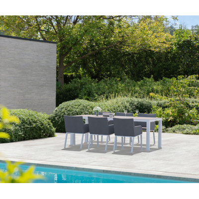 Ensemble de jardin Varese en aluminium blanc avec plateau de table en céramique pleine gris et 6 chaises de jardin Rivo