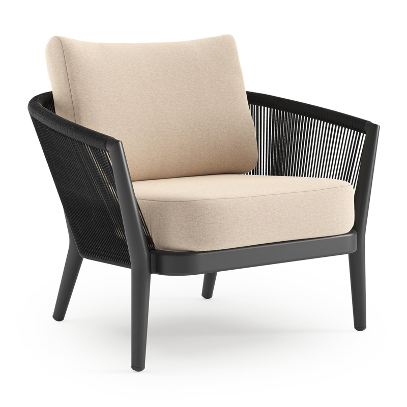 Orso loungestoel in zwart aluminium en zwart verticaal geweven ronde rope met Heritage Papyrus all weather sunbrella® luxe kussen