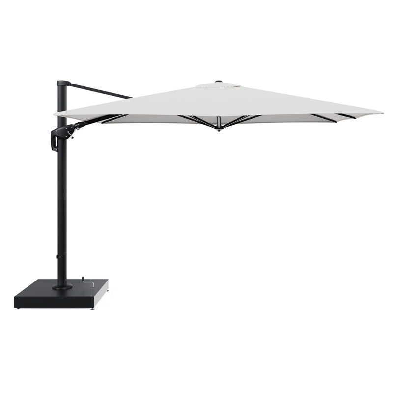 Parasol pendant Minore avec fonction tilt en aluminium noir et toile de parasol All Weather Solica Soul Optik - Lg.1: 280 x Lg.2: 370 cm avec pied de parasol Minore 260 kg avec roulettes