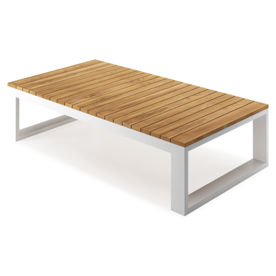 Table basse Verato en aluminium blanc et teck naturel - Lg 163 x larg. 88 x H 41 cm
