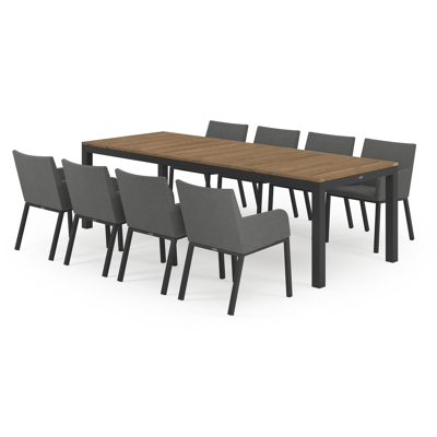 Varese tuinset in zwart aluminium en naturel teak tafelblad met 8 Rivo tuinstoelen