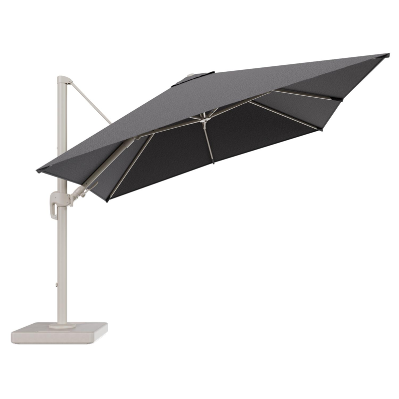 Parasol pendant Rufina avec fonction tilt en aluminium beige et toile de parasol en All Weather Solica Firenze Tunder - Lg.1 300 x Lg.2 300 cm avec pied de parasol Lapido 160 kg