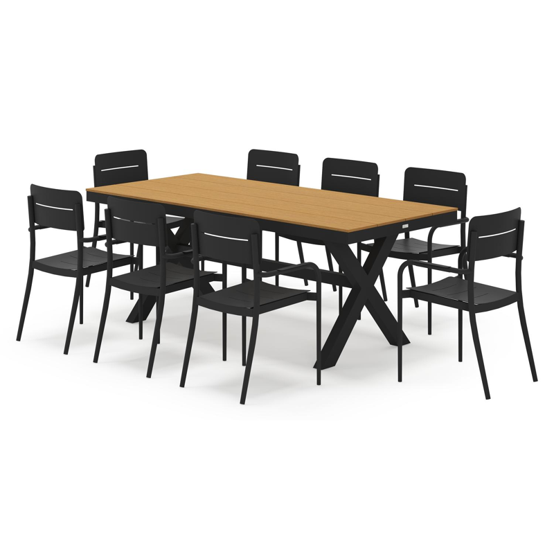 Bahia tuinset rechthoekig in zwart aluminium en polywood met 8 Salto tuinstoelen