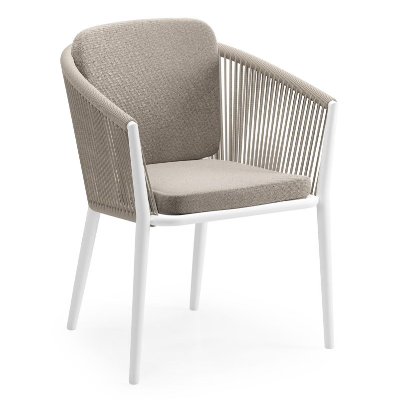 Orso tuinstoel in wit aluminium en beige verticaal geweven ronde rope met zitkussen in All Weather Sunbrella® Luxe Savane Coconut