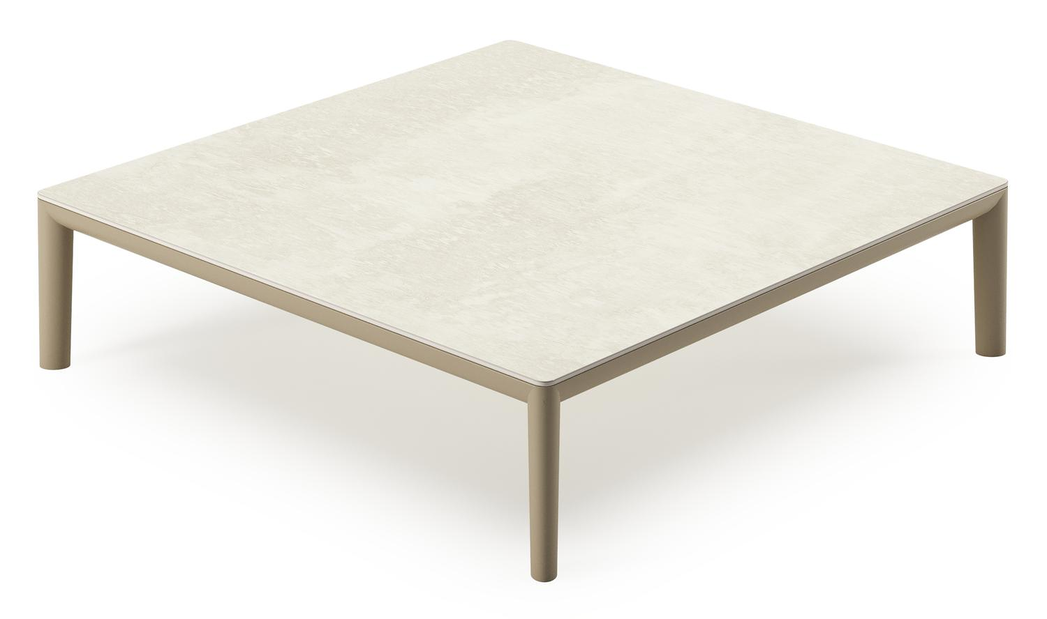 Table de basse Tolosa en aluminium beige et sintered stone beige - Lg. 90 x Lrg. 90 x Haut. 38 cm