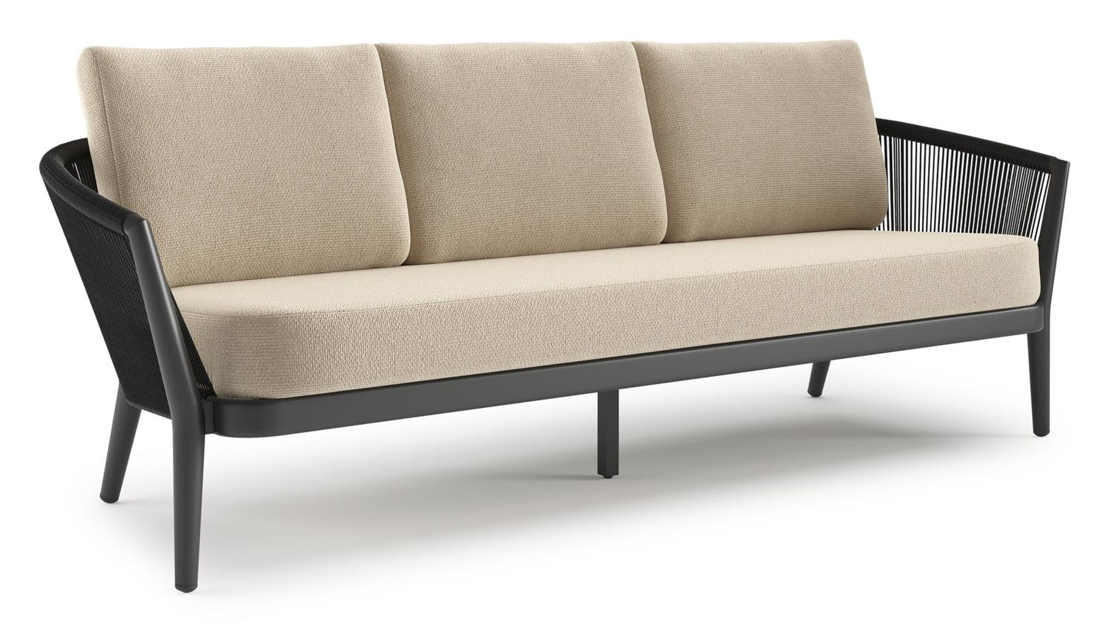 Orso loungebank in zwart aluminium en zwart verticaal geweven ronde rope met Althea Chalk all weather cosytica kussen