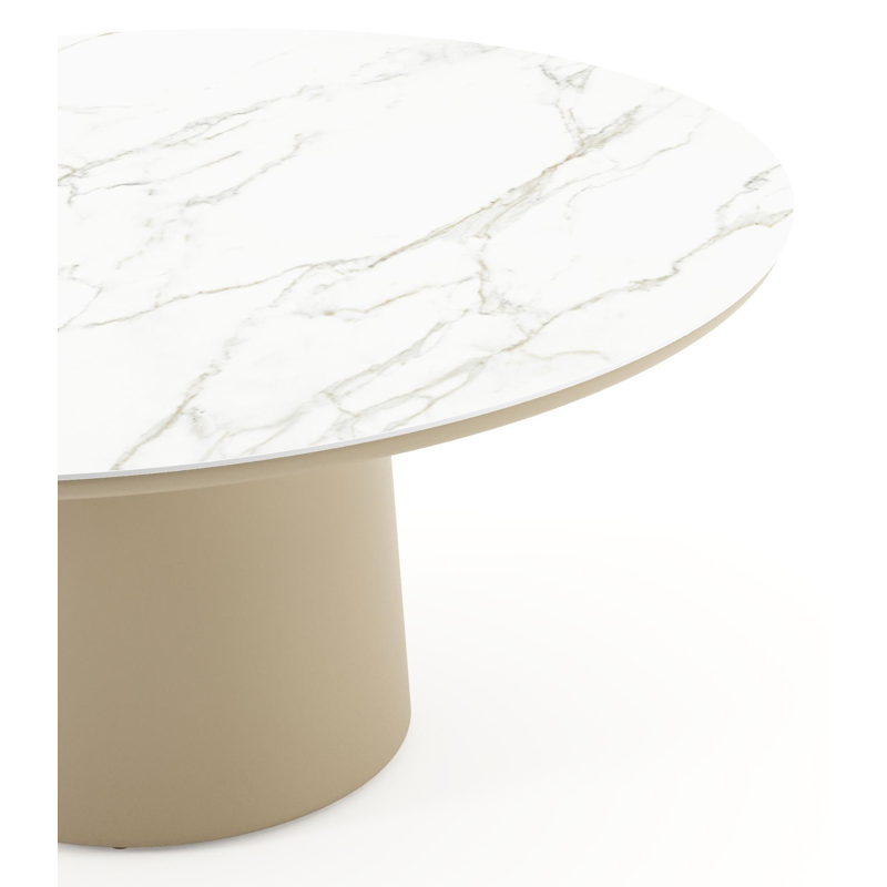 Amico low dining tuintafel rond in beige aluminium en volkeramiek Calacatta - Dia. 148 x H 61 cm