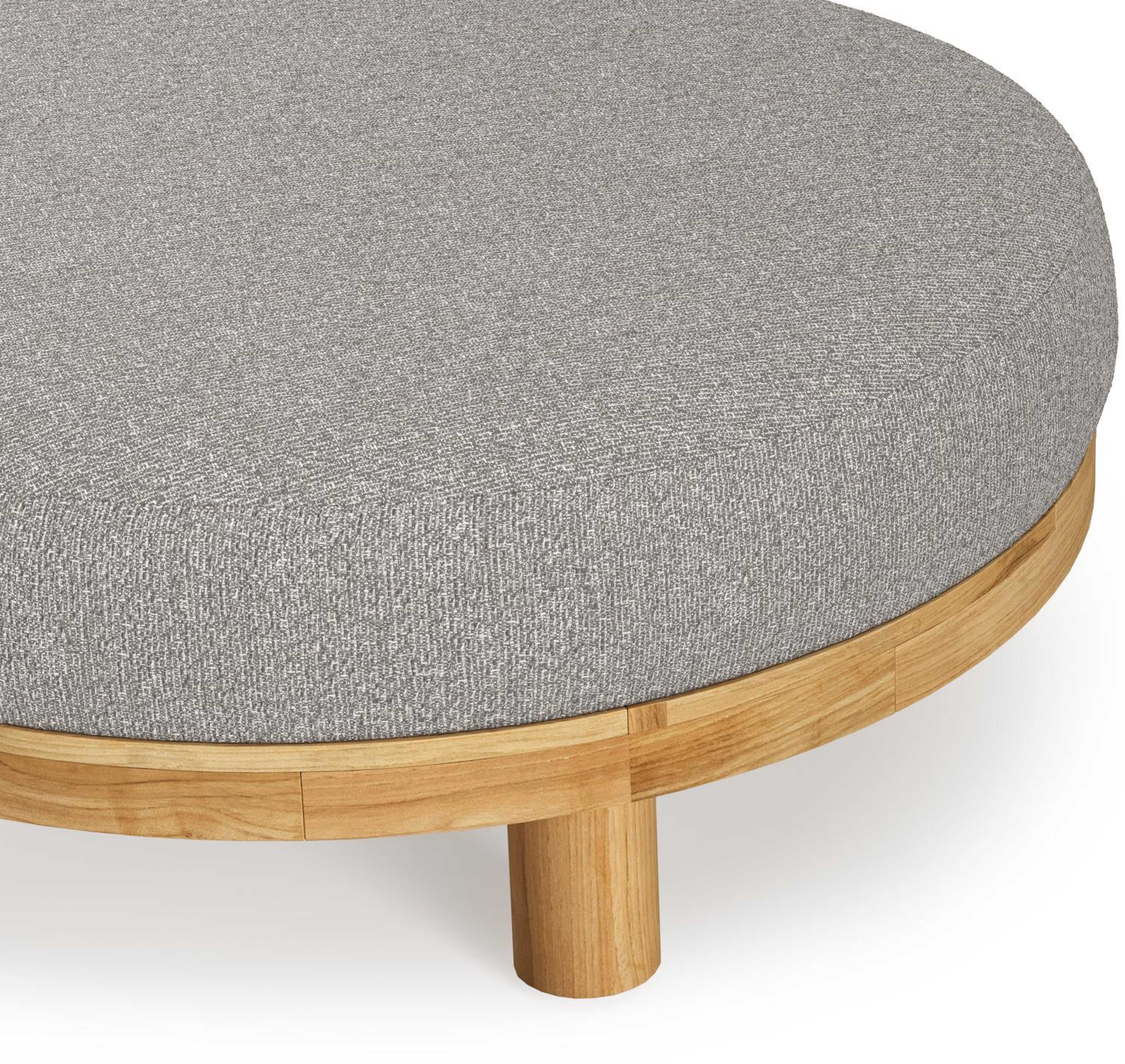 Donato lounge poef in teak en beige verticaal geweven ronde rope met all weather sunbrella® luxe Tundra Charcoal kussen