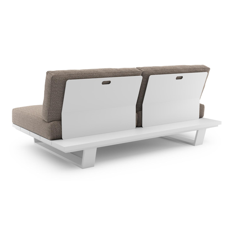 Canapé de jardin Pagino en aluminium blanc et coussins en all weather sunbrella® luxe wander manioc