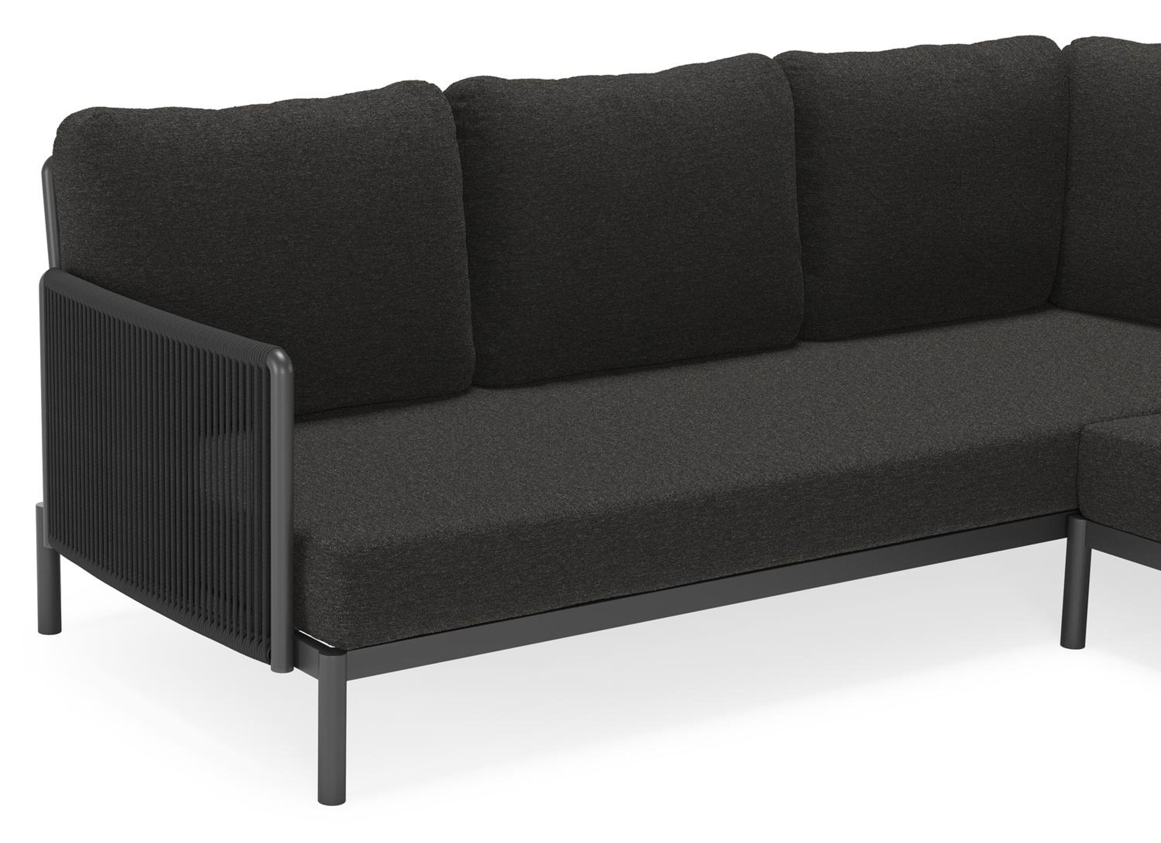 Amarante loungehoek in zwart aluminium en zwart verticaal geweven ronde rope met zwart Weather+ Softtouch kussen