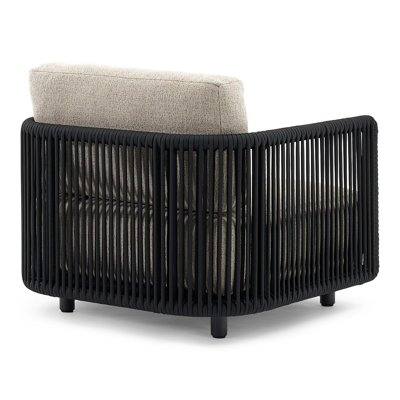 Organo loungestoel in zwart aluminium en zwart verticaal geweven luxe vlakke rope met marbella beige All Weather Cosytica kussen