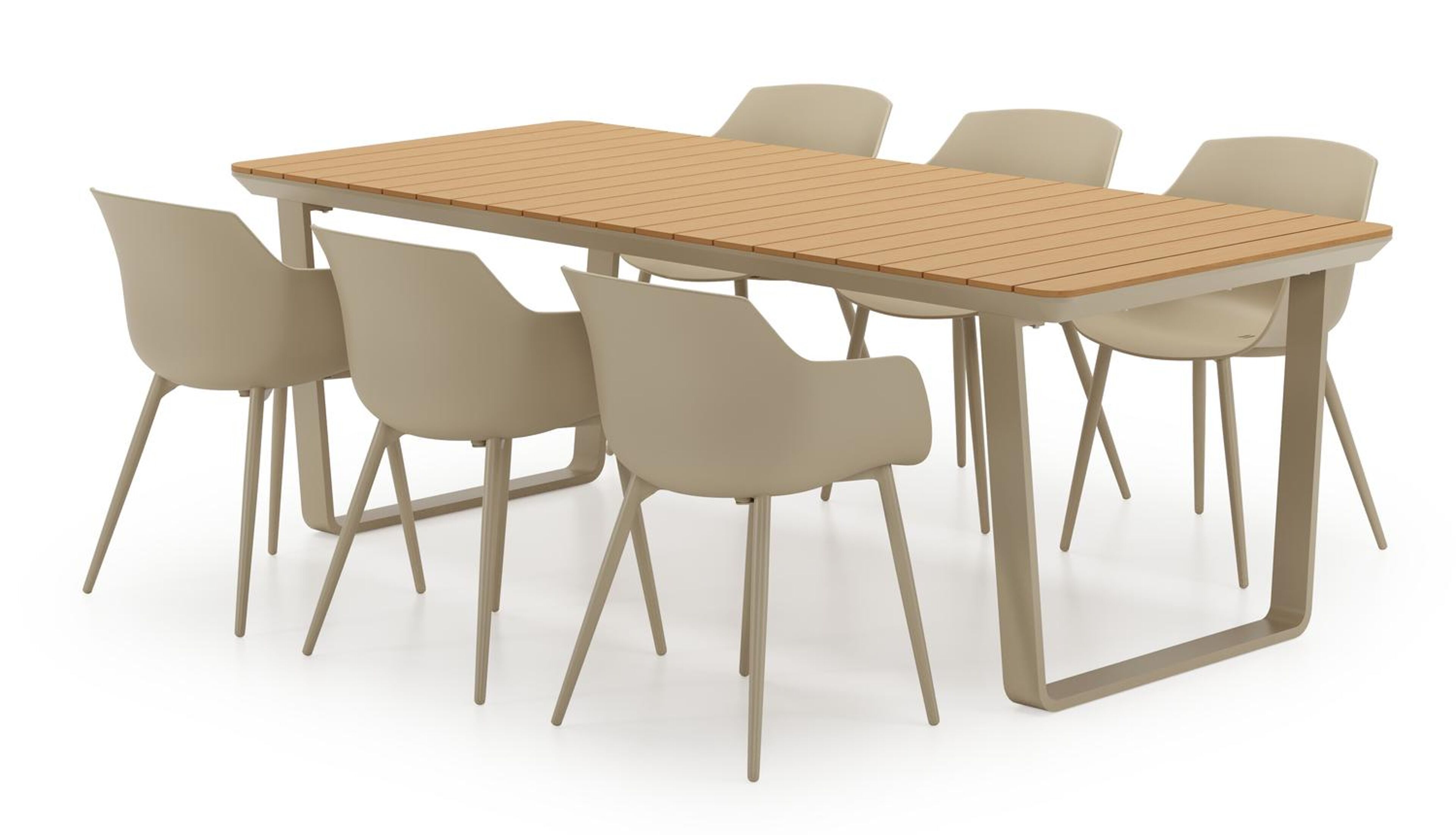 Ensemble de jardin Alora en aluminium beige et polywood avec 6 chaises de jardin Paco