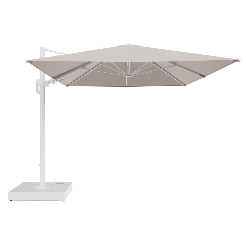 Rufina zweefparasol met tiltfunctie in wit aluminium en Wander Pilat All Weather Sunbrella® Luxe parasoldoek - L1 400 x L2 300 cm met parasolvoet Minore 260 kg met wielen