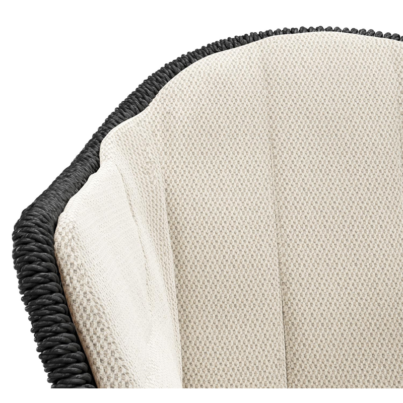 Pagino tuinstoel in zwart aluminium en zwart ronde wicker met zitkussen in All Weather Sunbrella® Luxe Lopi Marble