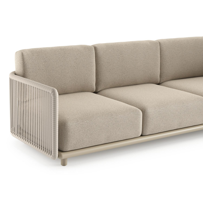 Organo loungehoek in beige aluminium en beige verticaal geweven luxe vlakke rope met marbella beige All Weather Cosytica kussens