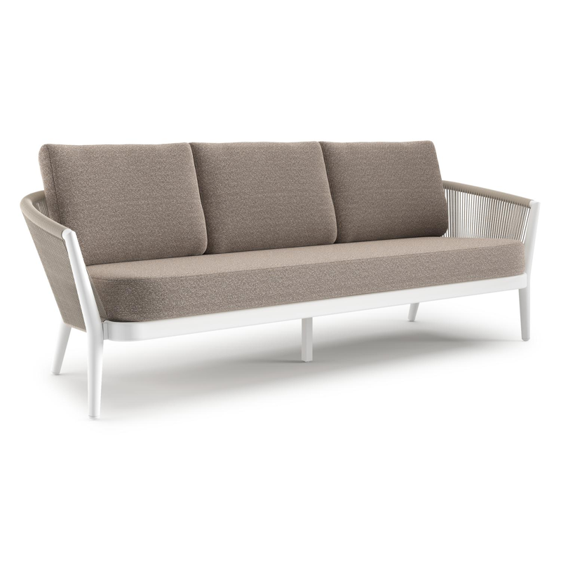 Canapé de jardin Orso en aluminium blanc en corde ronde tissée verticalement beige et coussins en all weather sunbrella® luxe Wander Manioc