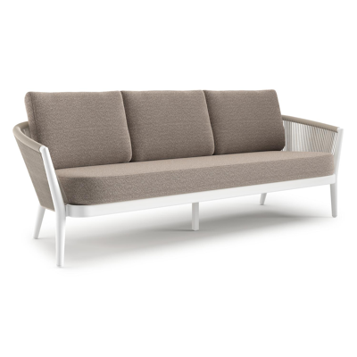 Canapé de jardin Orso en aluminium blanc en corde ronde tissée verticalement beige et coussins en all weather sunbrella® luxe Wander Manioc