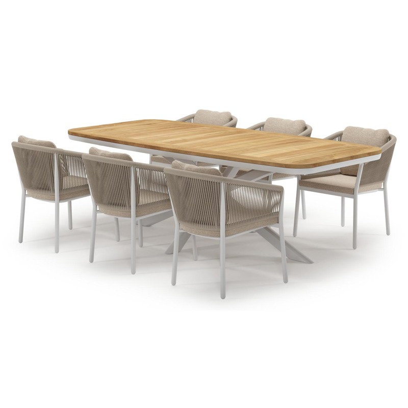 Ensemble de jardin Pamplona en aluminium blanc et sintered stone natural finish avec 6 chaises de jardin Gerona