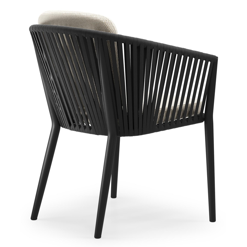 Orso tuinstoel in zwart aluminium en zwart verticaal geweven vlakke rope met zitkussen in All Weather Cosytica Althea Off White