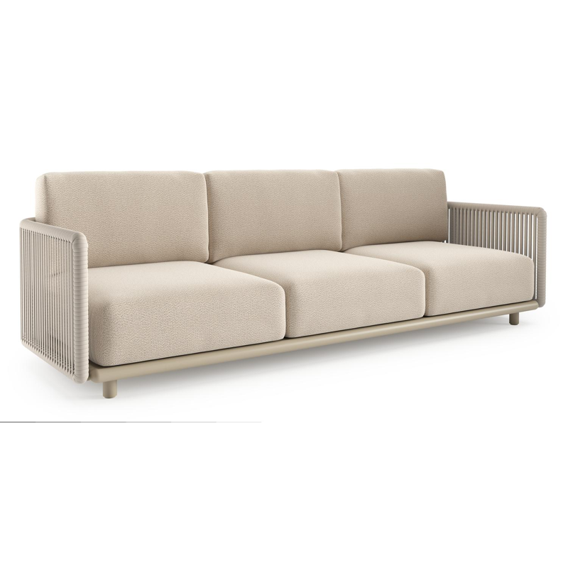 Canapé de jardin Organo en aluminium beige et corde luxe plate tissée verticalement beige et coussin en all weather Sunbrella® luxe lopi sand