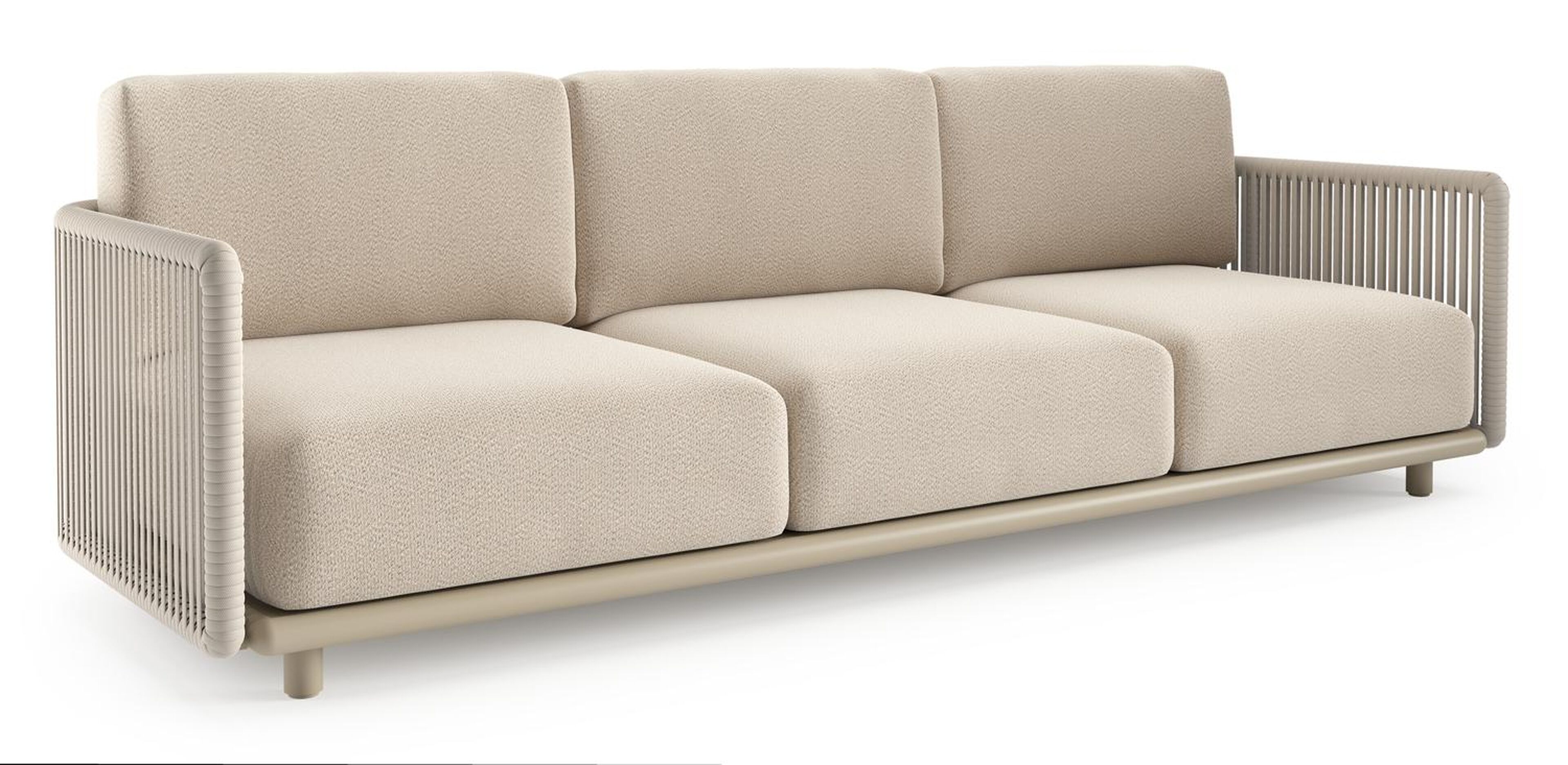 Canapé de jardin Organo en aluminium beige et corde luxe plate tissée verticalement beige et coussin en all weather Sunbrella® luxe lopi sand