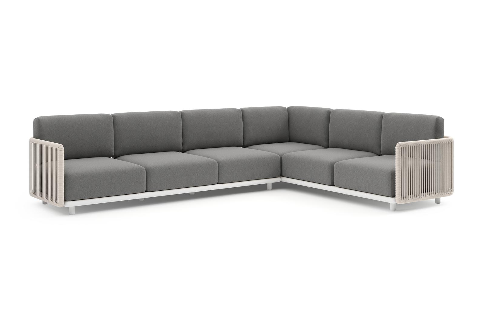 Organo loungehoek in wit aluminium en beige verticaal geweven luxe vlakke rope met heritage slate all weather Sunbrella® luxe kussen