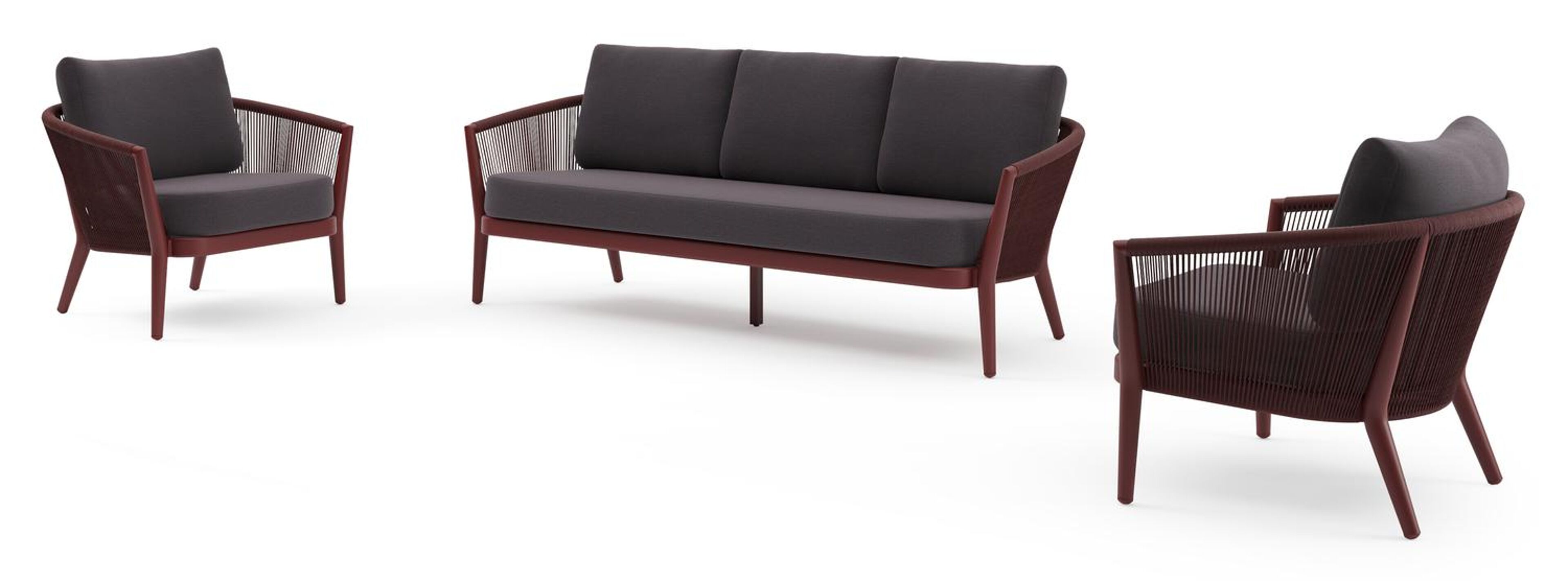 Orso loungeset in ruby aluminium en ruby verticaal geweven ronde rope met Tundra Red all weather sunbrella® luxe kussen