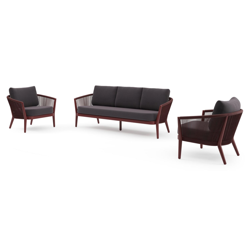 Orso loungeset in ruby aluminium en ruby verticaal geweven ronde rope met Tundra Red all weather sunbrella® luxe kussen