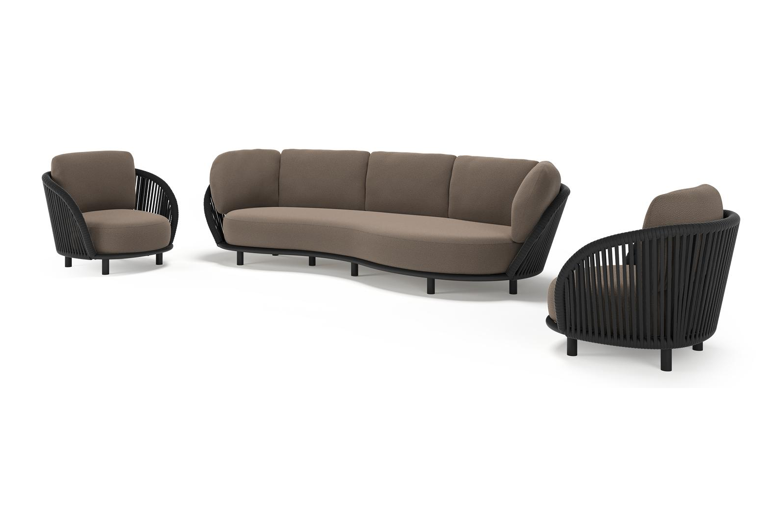 Lupino loungeset in zwart aluminium en zwart verticaal geweven luxe vlakke brede rope met lopi coconut all weather sunbrella® luxe kussen