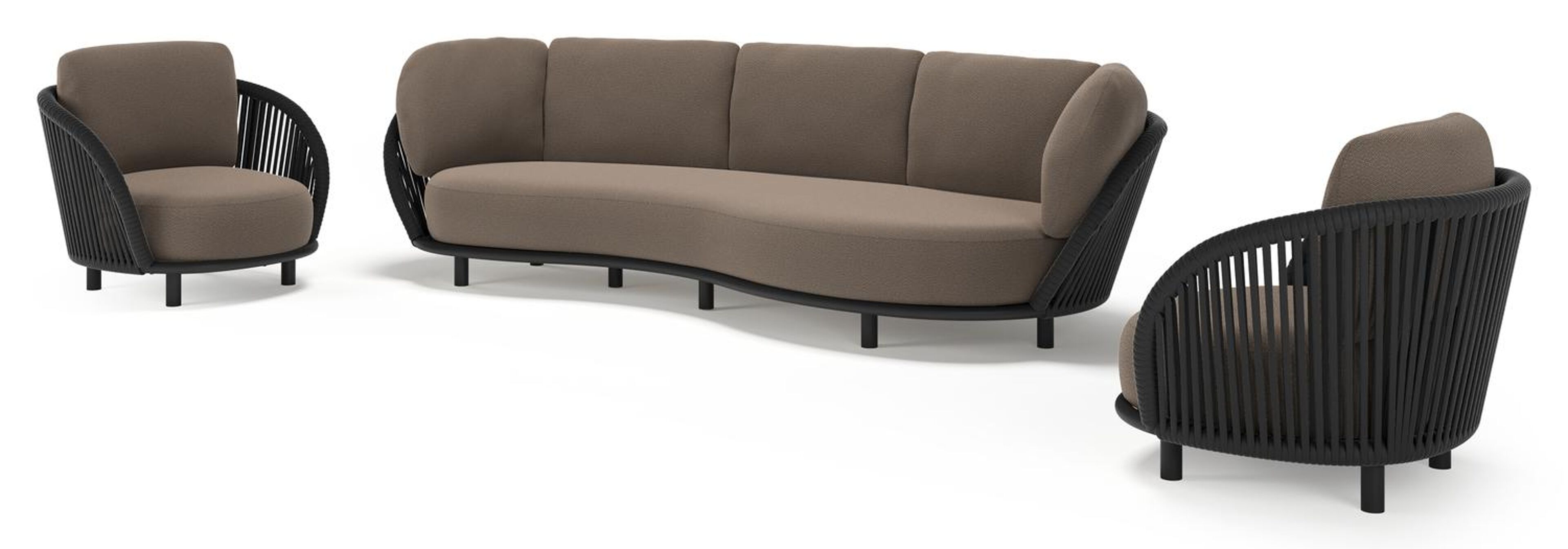 Lupino loungeset in zwart aluminium en zwart verticaal geweven luxe vlakke brede rope met lopi coconut all weather sunbrella® luxe kussen