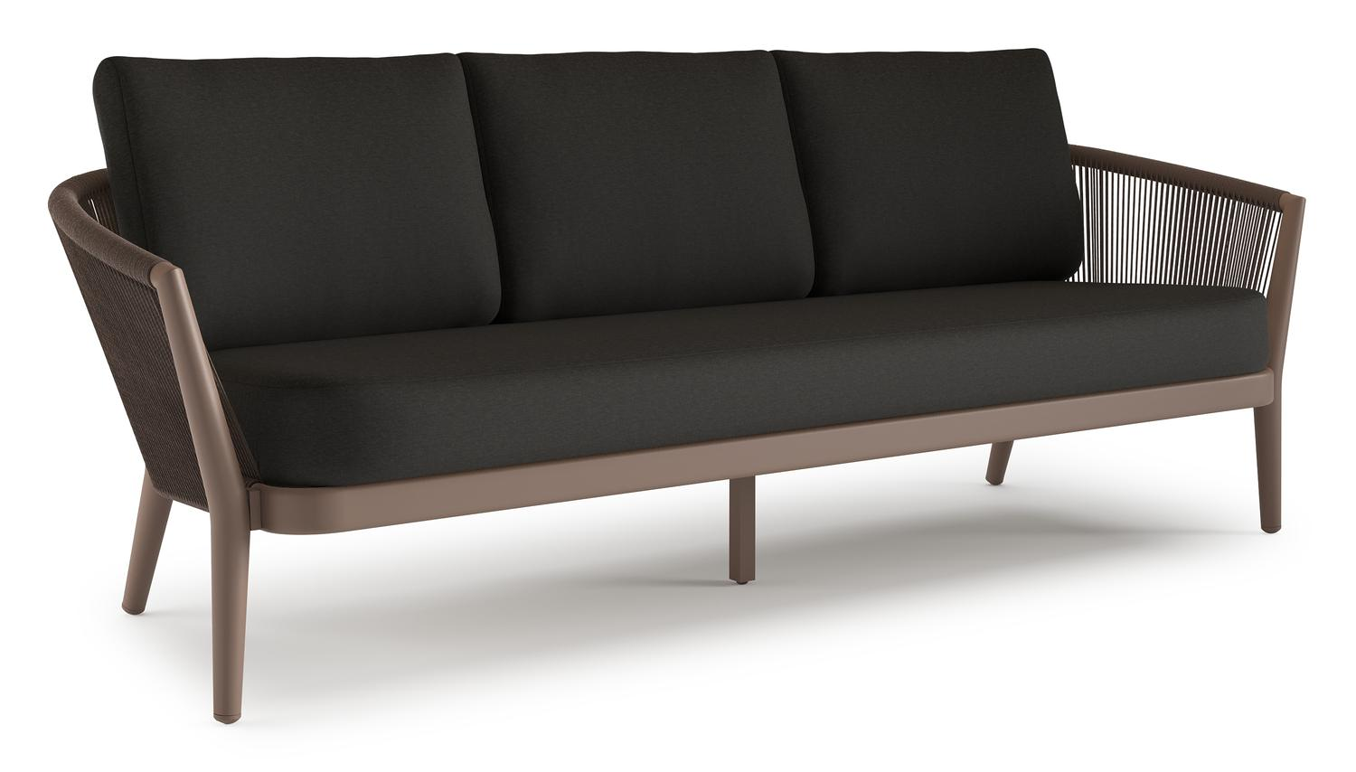 Canapé de jardin Orso en aluminium taupe en corde ronde tissée verticalement noir et coussins en all weather sunbrella® luxe Heritage char