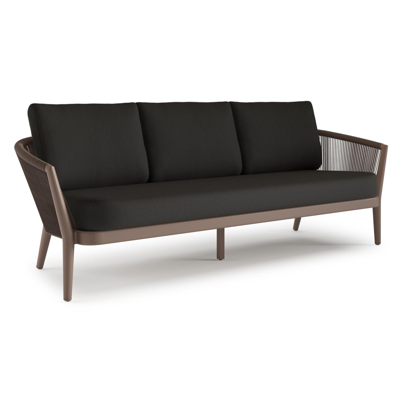 Orso loungebank in taupe aluminiumen zwart verticaal geweven ronde rope met Heritage Char all weather sunbrella® luxe kussen