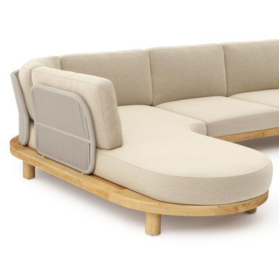 Donato loungehoek in teak en beige verticaal geweven ronde rope met all weather cosytica Althea Camel kussen