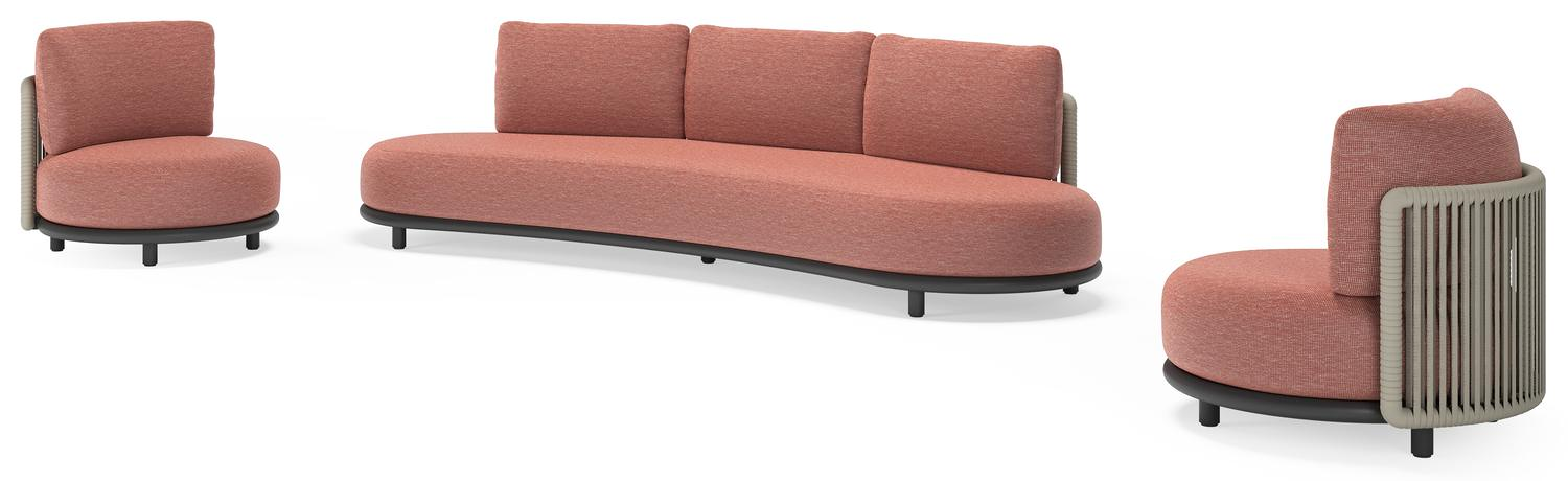 Lomano loungeset in zwart aluminium en beige verticaal geweven luxe vlakke rope met Slow Alezan all weather sunbrella® luxe