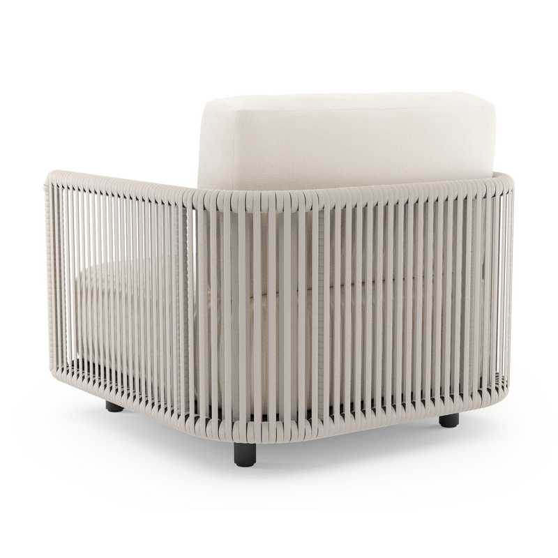 Organo loungestoel in zwart aluminium en beige verticaal geweven luxe vlakke rope met lopi snow all weather Sunbrella® luxe kussen