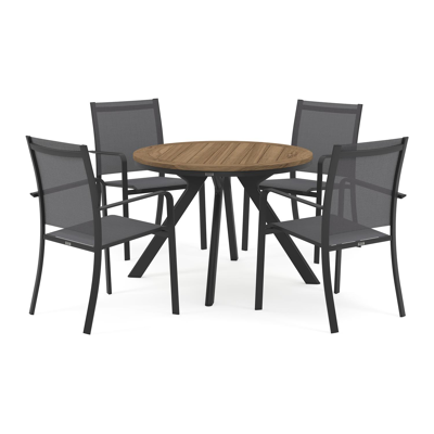 Ensemble de jardin Viaro en aluminium noir avec plateau de table en teck colour finish et 4 chaises de jardin empilables Calobra
