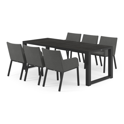 Livo tuinset in zwart aluminium en zwart volkeramiek tafelblad met 6 Rivo tuinstoelen