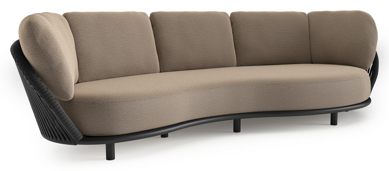 Lupino loungebank in zwart aluminium en zwart verticaal geweven luxe vlakke brede rope met firenze earth all weather solica kussen