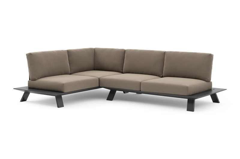 Cesano loungehoek in zwart aluminium met natte heather grey all weather Sunbrella® luxe kussen