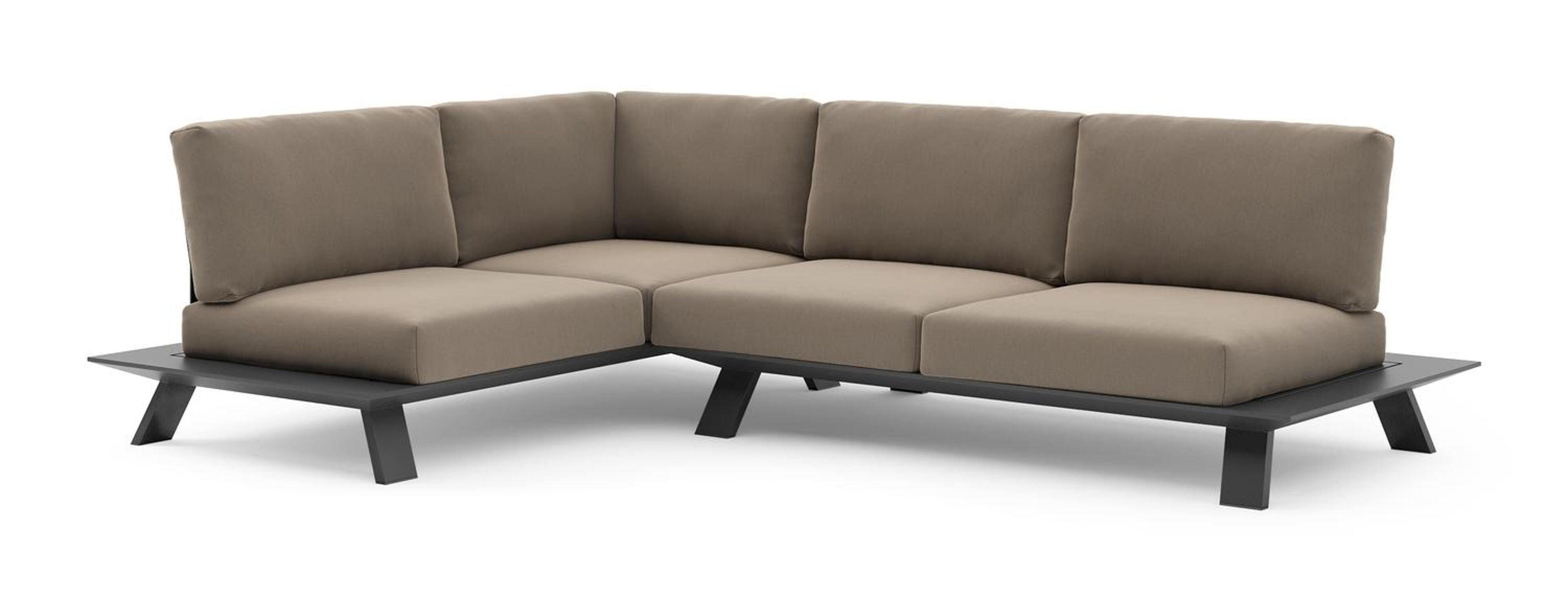 Salon de jardin d'angle Cesano en aluminium noir et coussin en all weather Sunbrella® luxe natte heather grey