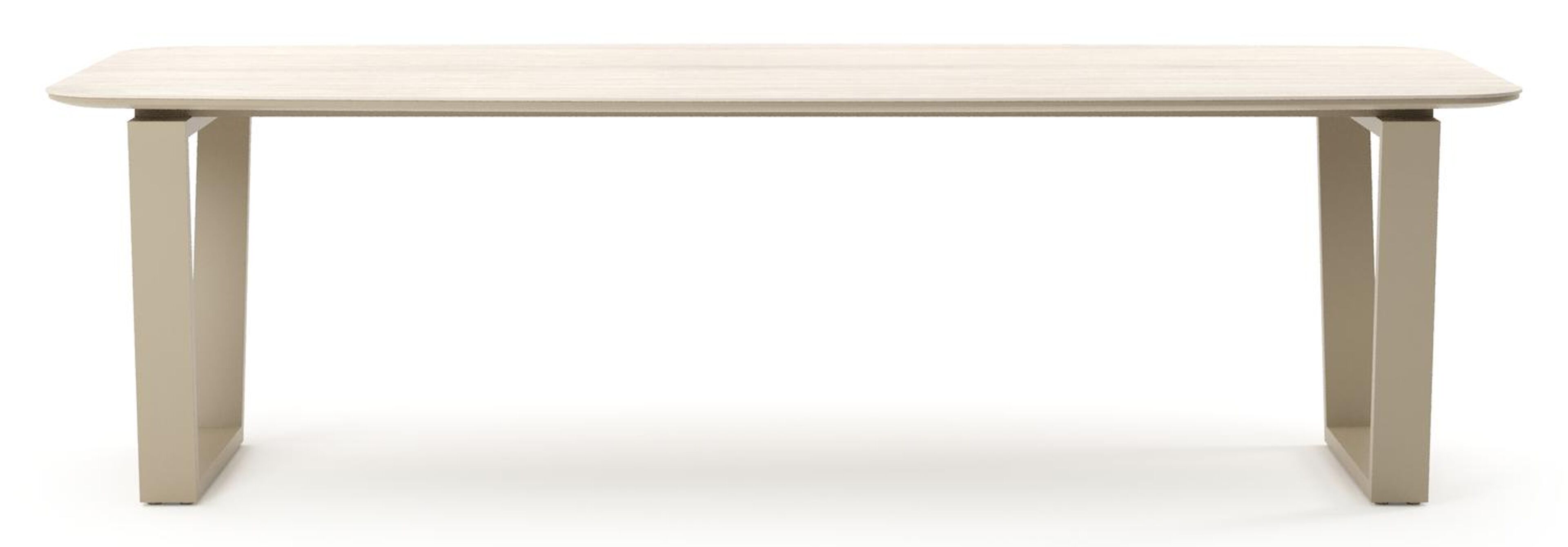 Table de jardin Pagino forme de bateau en aluminium beige et céramique pleine Travertino Bianco - Lg. 255 x Lrg. 115 x Haut. 73 cm