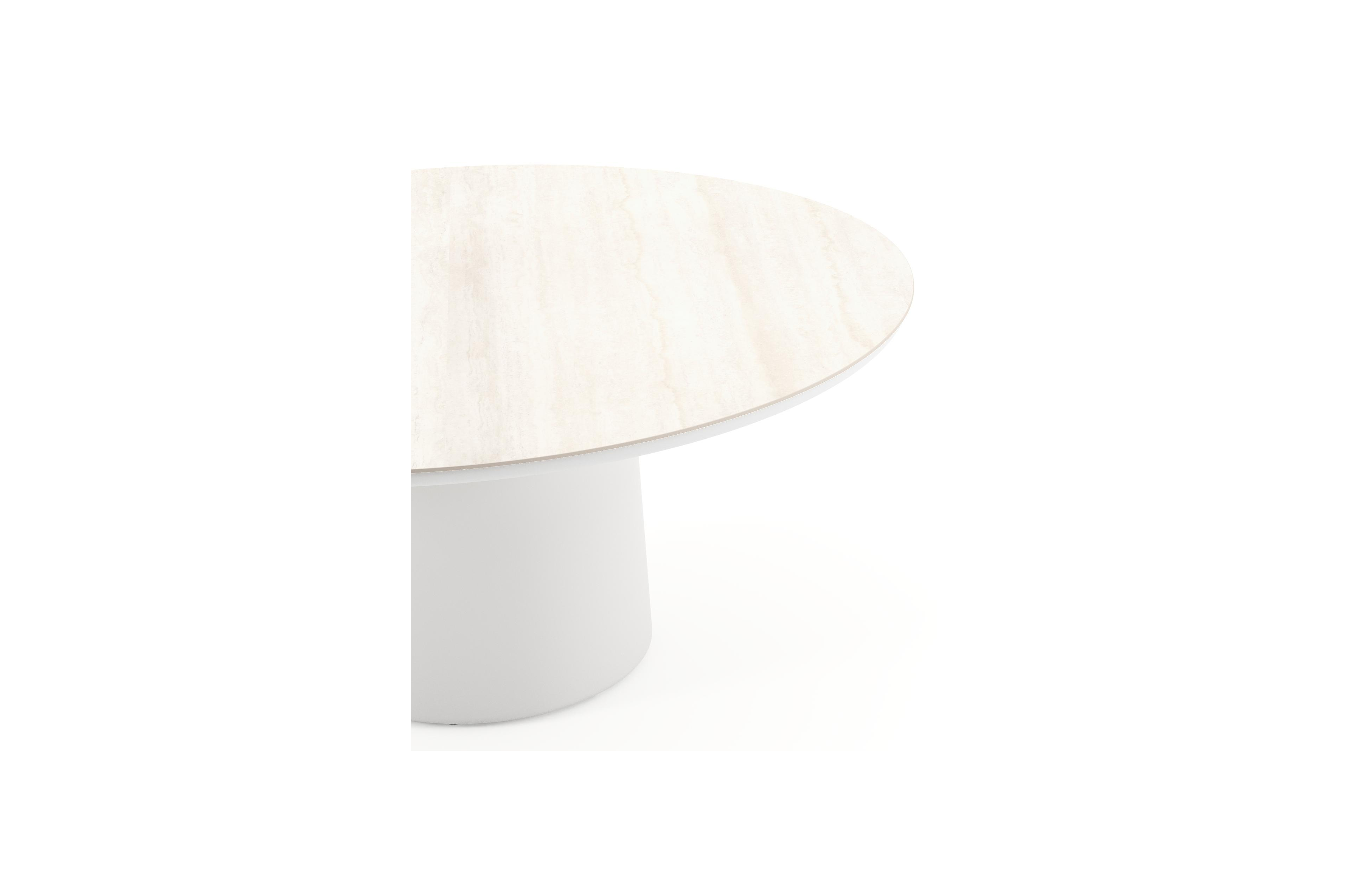 Amico low dining tuintafel rond in wit aluminium en volkeramiek Travertino Bianco - Dia. 148 x H 61 cm