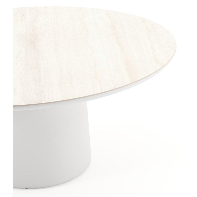 Amico low dining tuintafel rond in wit aluminium en volkeramiek Travertino Bianco - Dia. 148 x H 61 cm