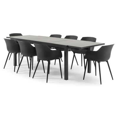 Oviedo tuinset met verlengbare tafel in zwart aluminium en grijs keramische print tafelblad met 8 Paco tuinstoelen