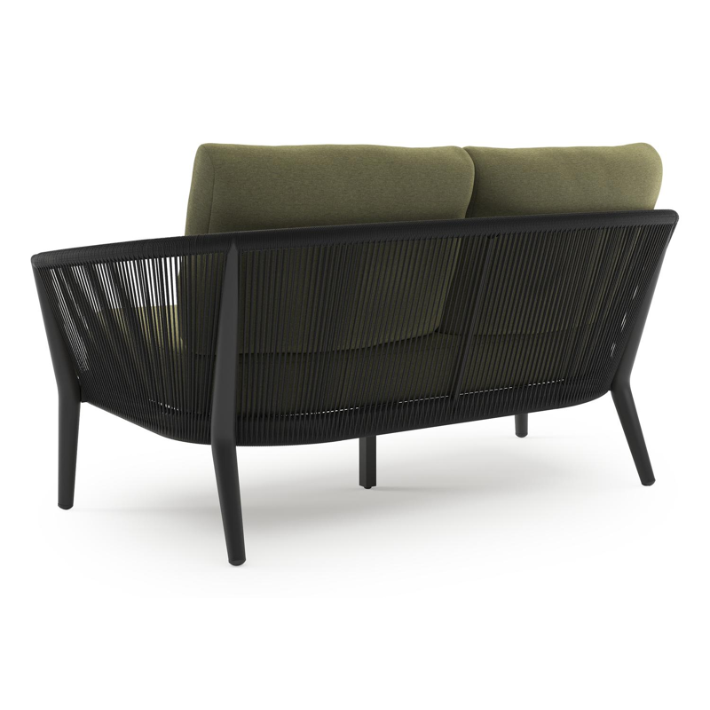 Orso loungebank in zwart aluminium en zwart verticaal geweven ronde rope met Heritage Leaf all weather sunbrella® luxe kussen