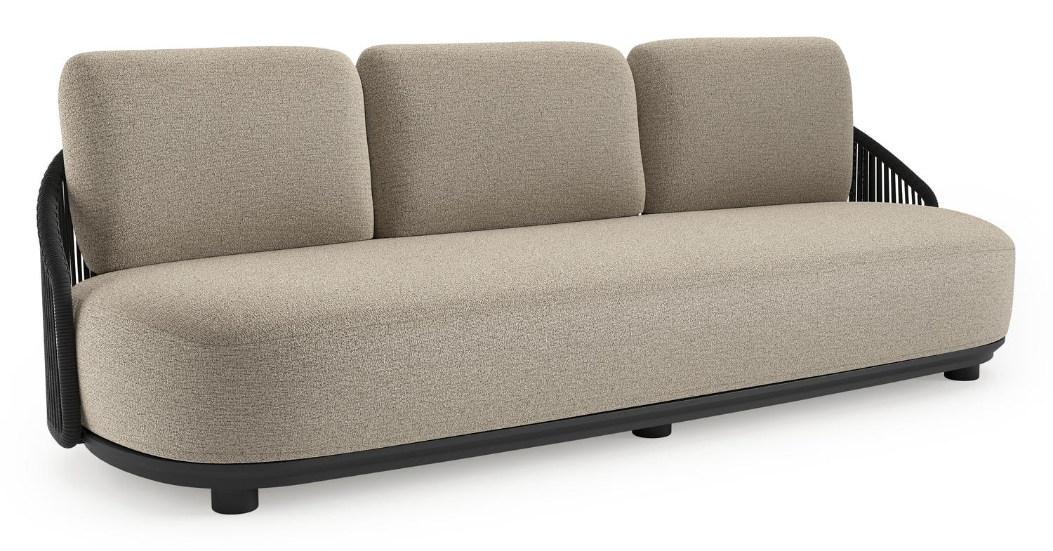 Vadelo loungebank in zwart aluminium en zwart verticaal geweven ronde rope met catania beige all weather cosytica kussen